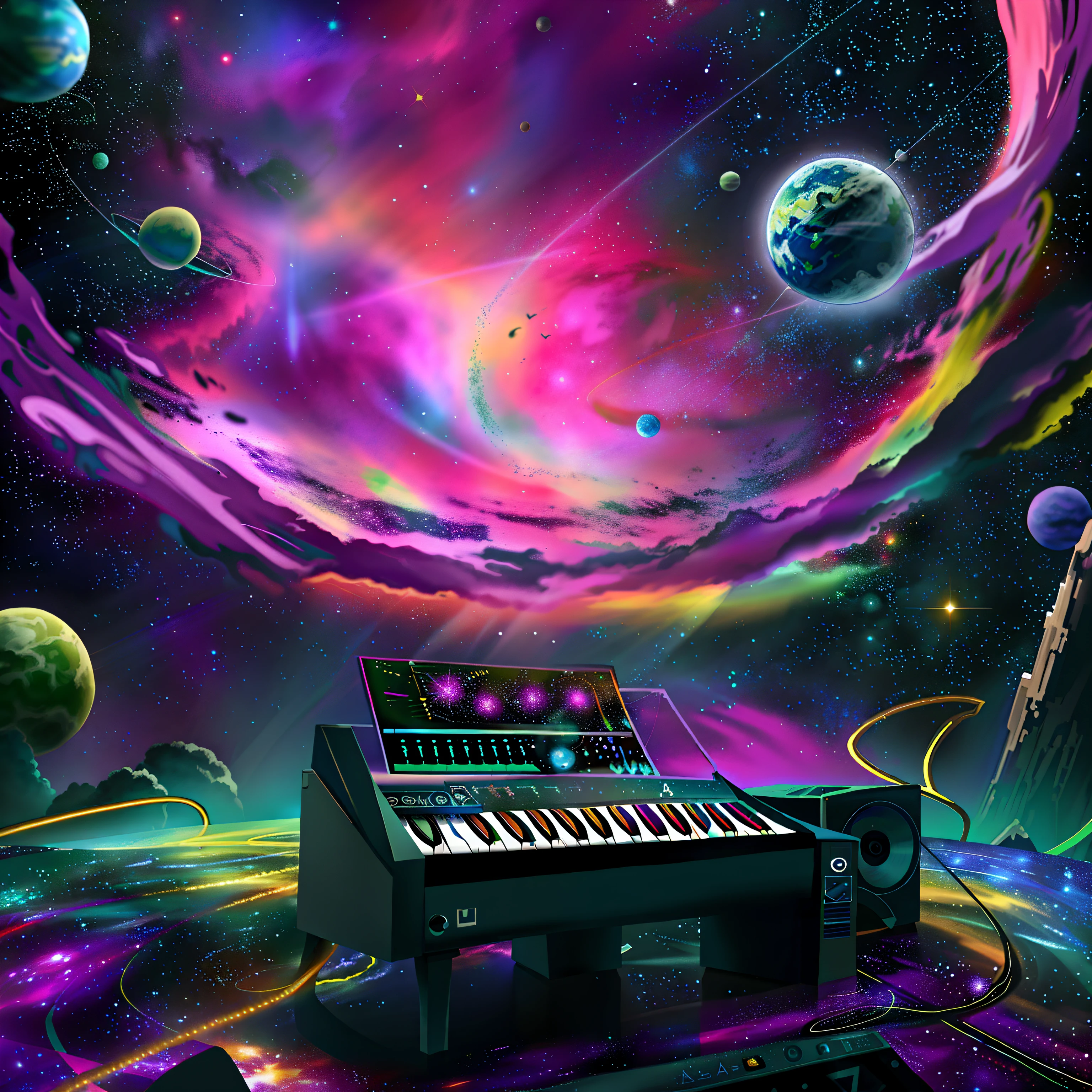 Stable Diffusion Prompt: A close up of a keyboard in a space with planets