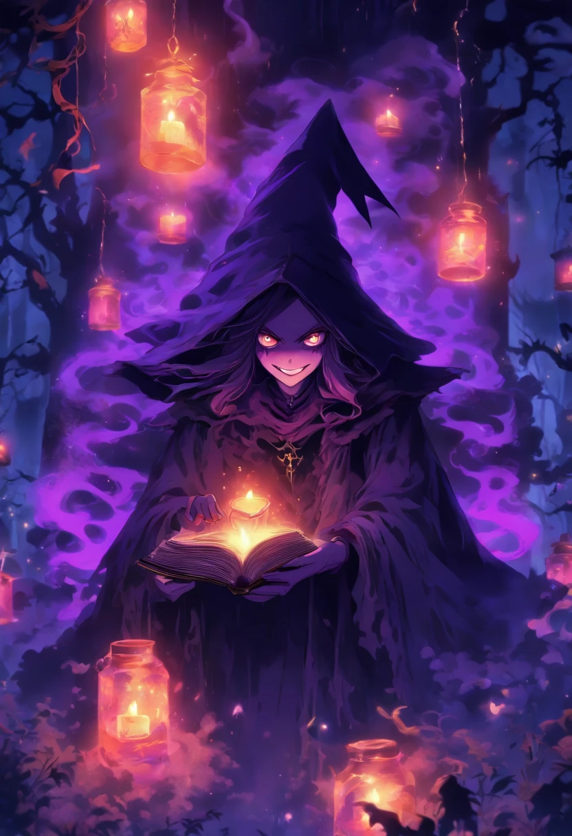 Stable Diffusion Prompt: A witch holding a book in her hands in a forest