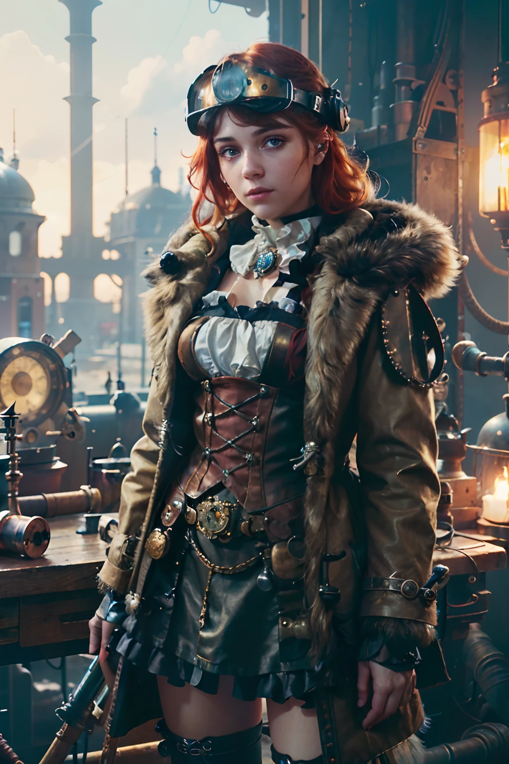 Stable Diffusion Prompt: Steampunk woman poses before a vintage clock ...