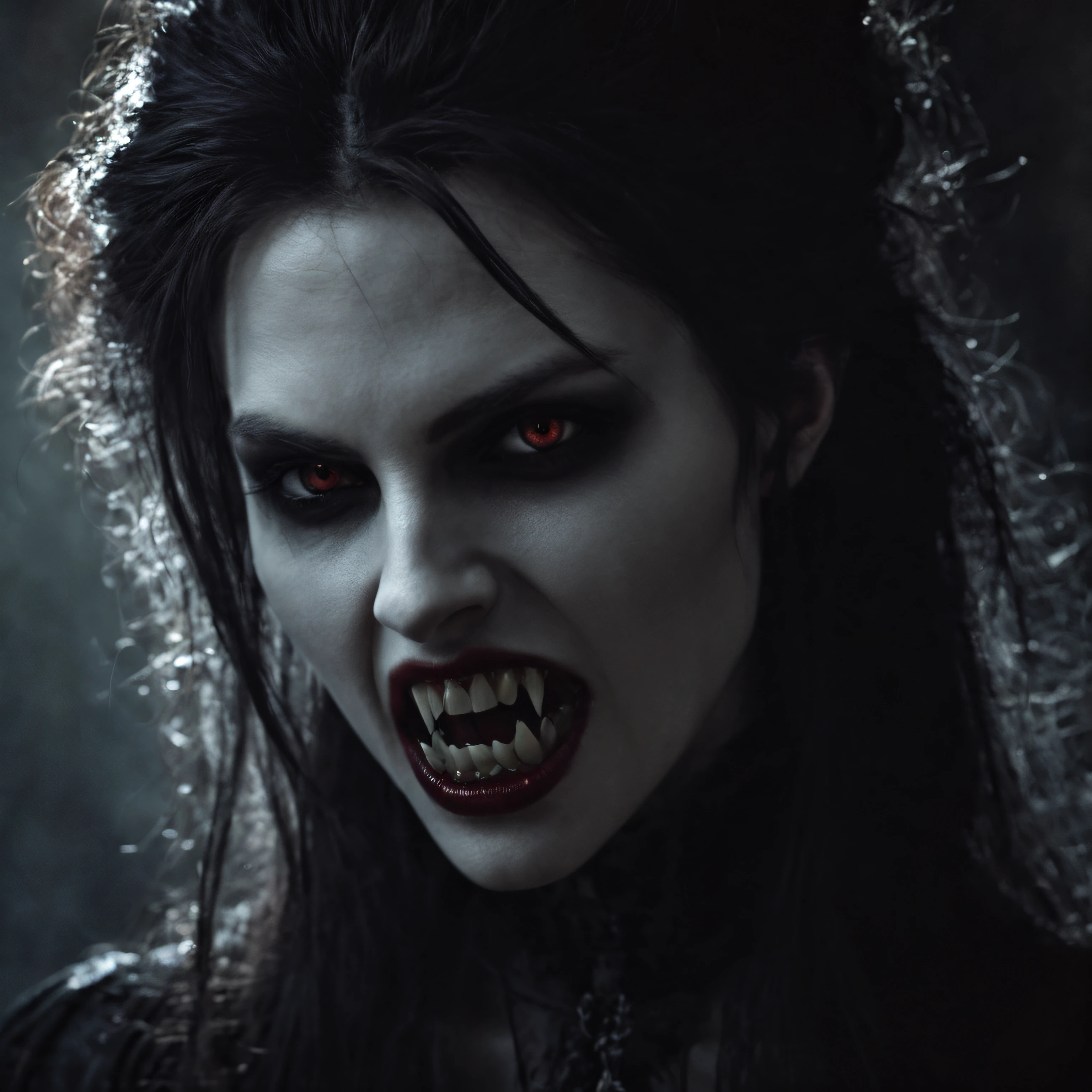 Stable Diffusion Prompt: A woman with long hair and fangs in a dark room