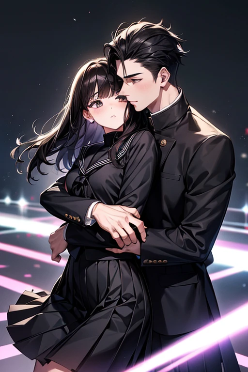 Stable Diffusion Prompt: Dark-haired girl and boy in black gakuran hug ...
