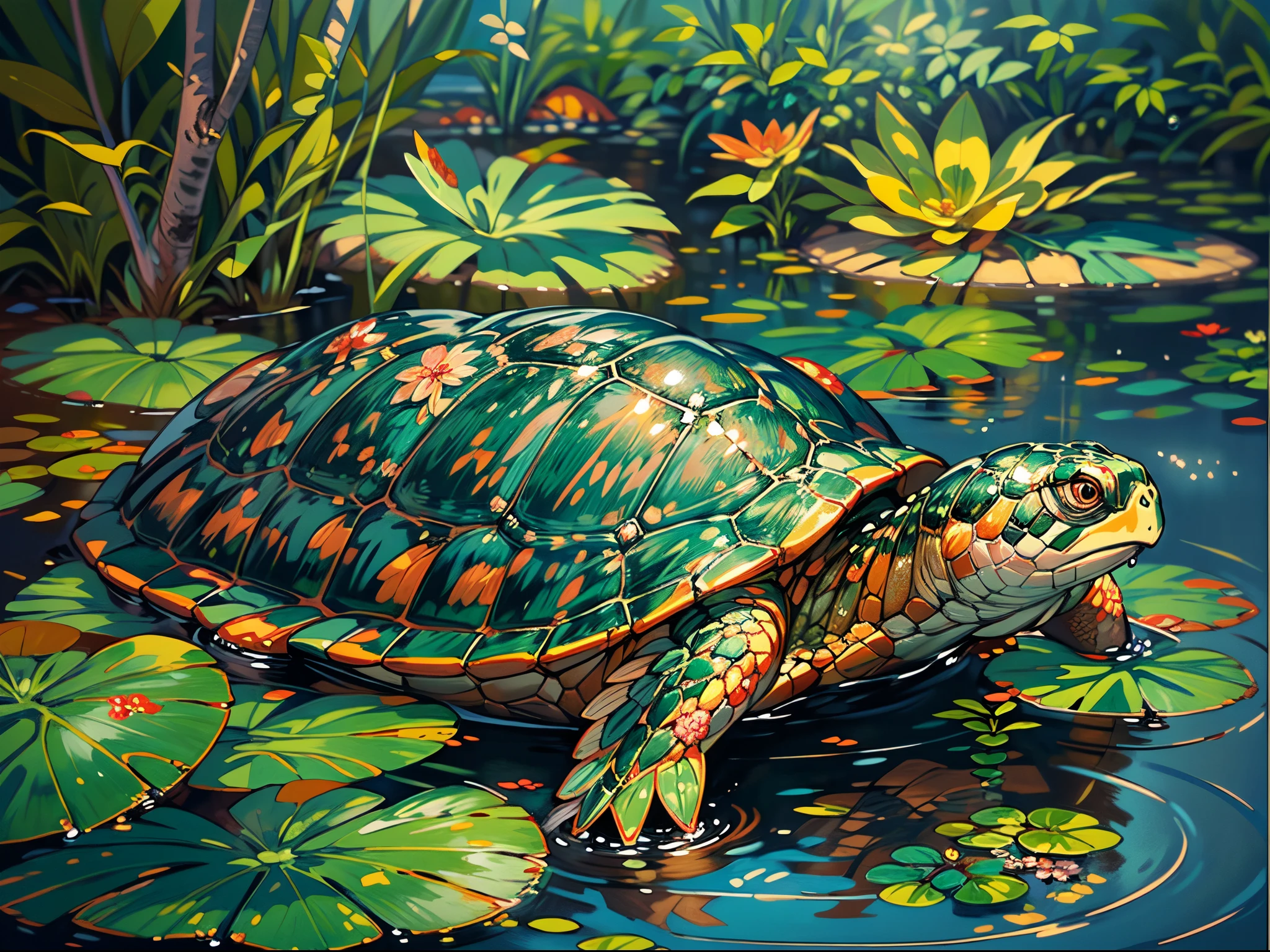 Stable Diffusion Prompt: Watercolor painting of a turtle amidst lily ...