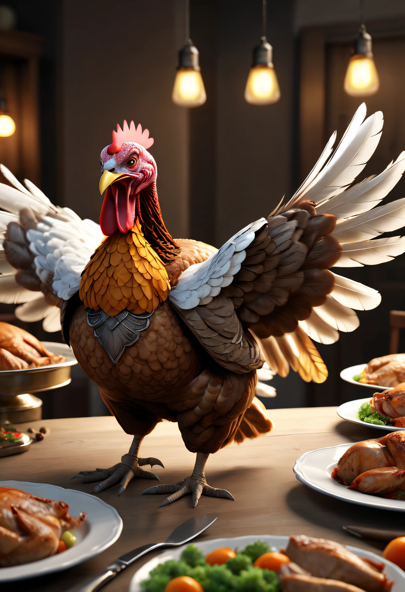 Stable Diffusion Prompt: Large chicken on table with multiple plates of ...