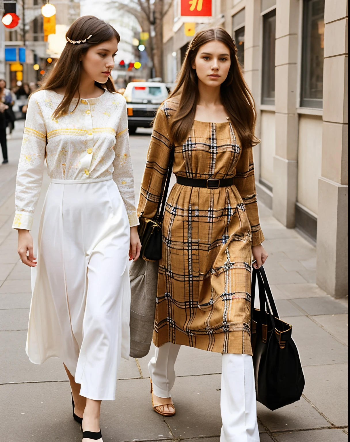 Stable Diffusion Prompt: Two women walking down a city street with a ...