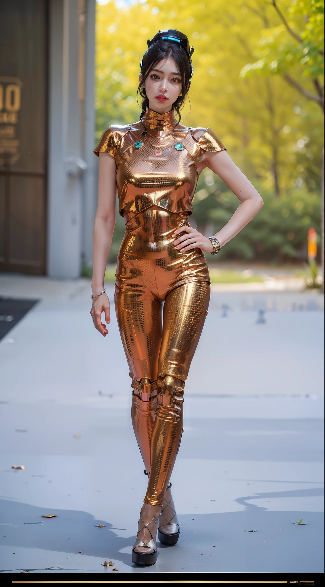 Stable Diffusion Prompt: A woman in a shiny gold jumpsuit posing for a ...