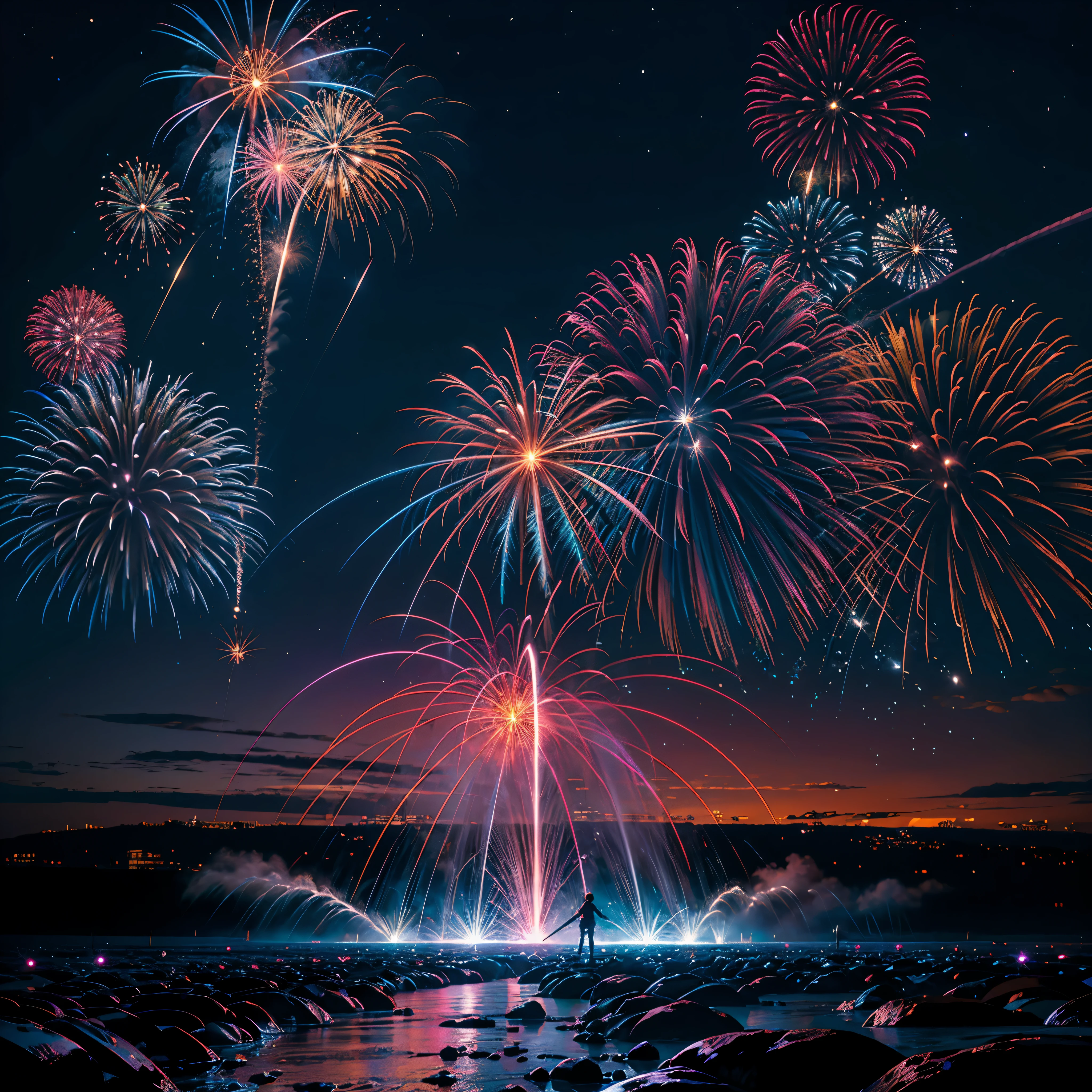 Stable Diffusion Prompt: Colorful fireworks illuminate the night sky ...