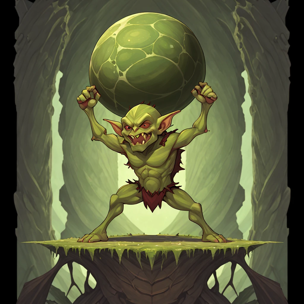 Stable Diffusion Prompt: Goblin hero lifts planet-sized rock with leg kick