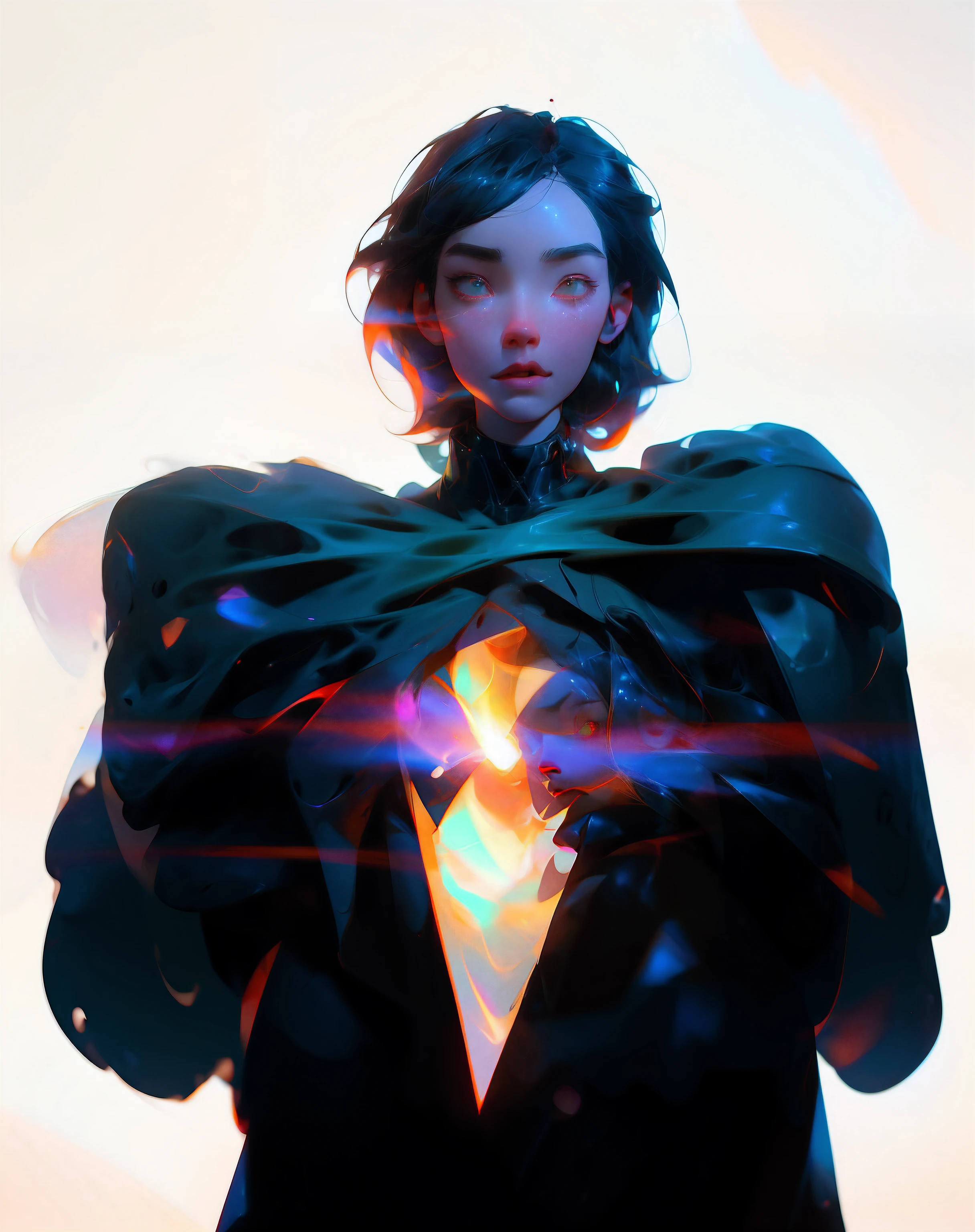 Stable Diffusion Prompt: A woman in a black suit with a glowing cape on