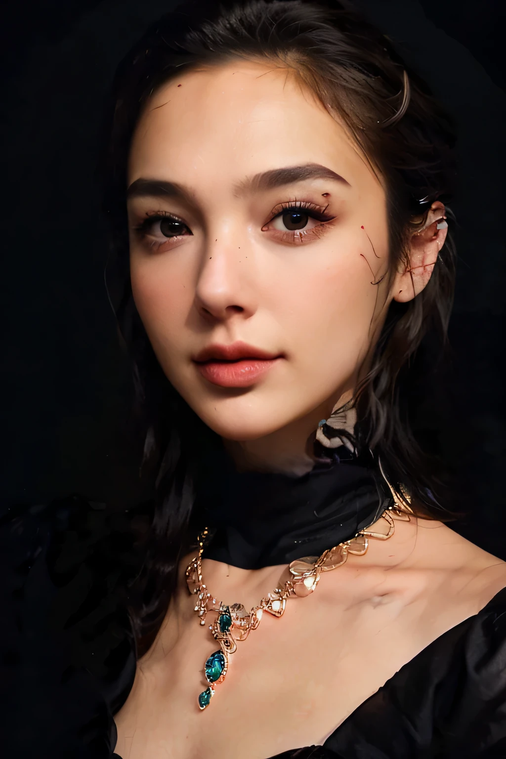 Stable Diffusion Prompt: Elegant woman in black dress with green stone ...