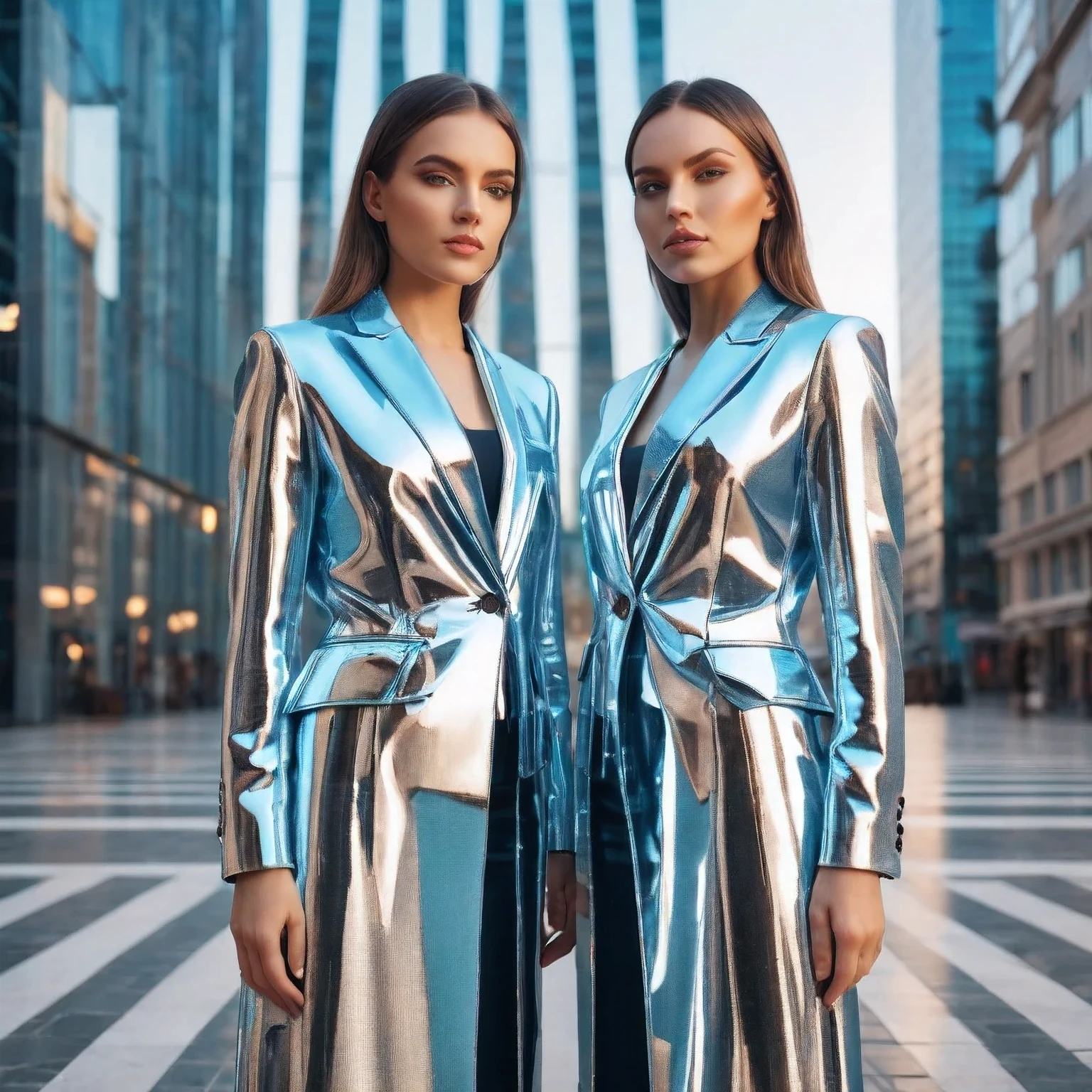 Stable Diffusion Prompt: Two women in shiny silver jackets standing in ...