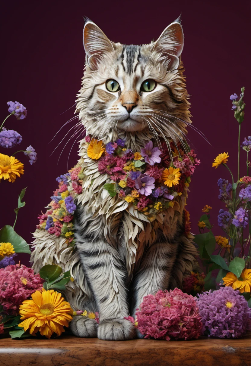 Stable Diffusion Prompt: There is a cat made of flowers sitting on a ...