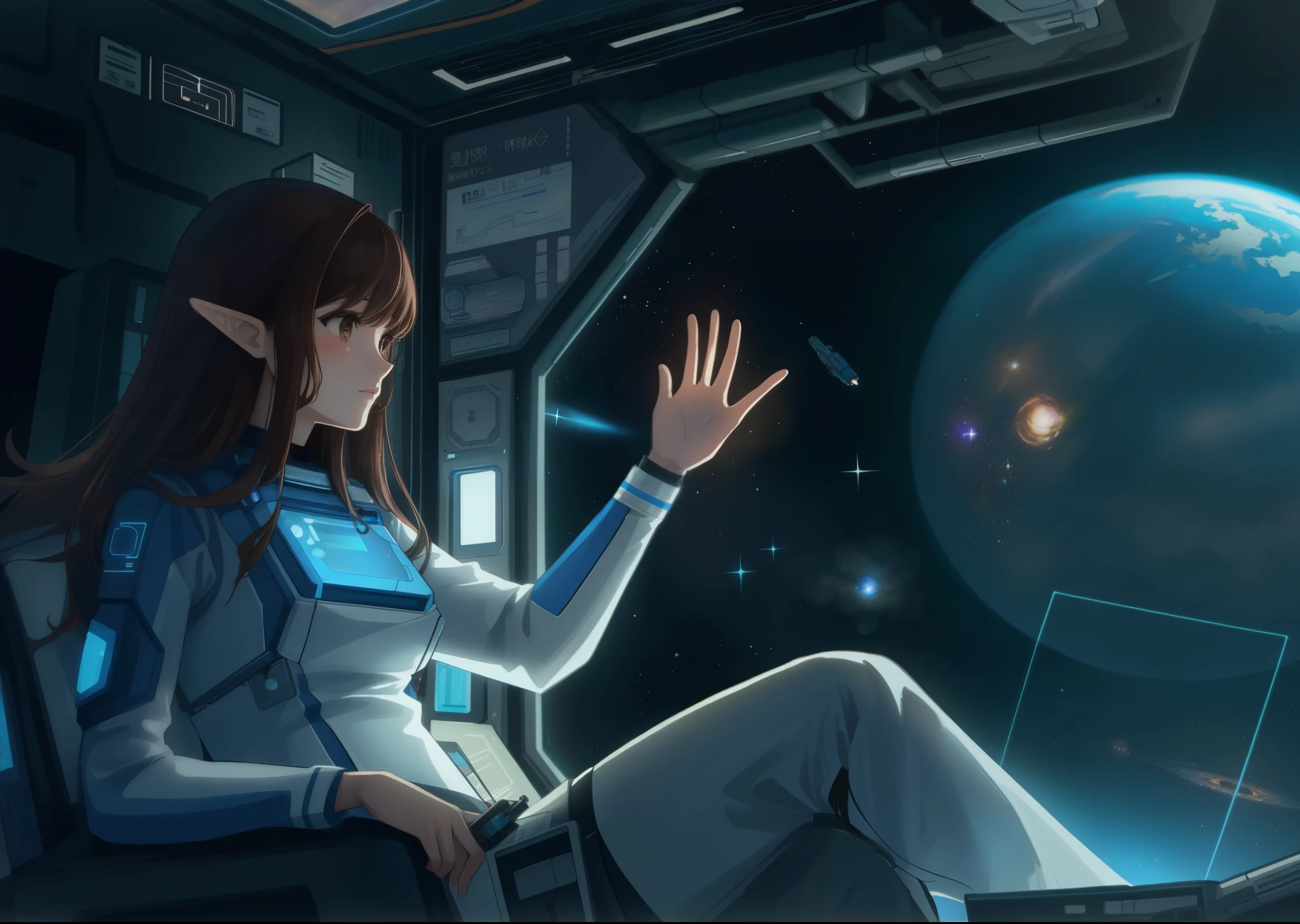 Stable Diffusion Prompt: Woman in spaceship gazes at distant planet in ...