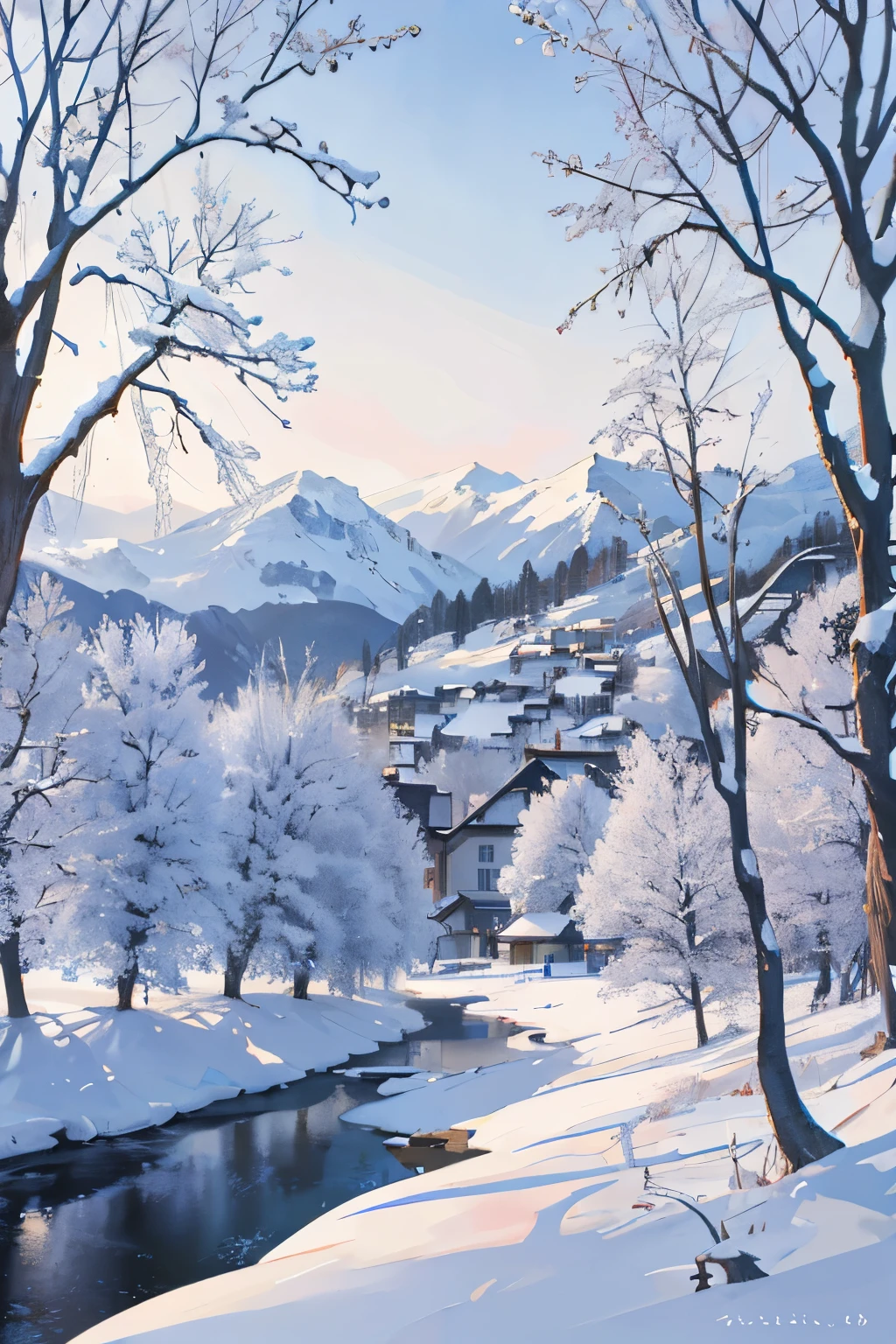 Stable Diffusion Prompt: Charming snowy small town by a river, framed ...