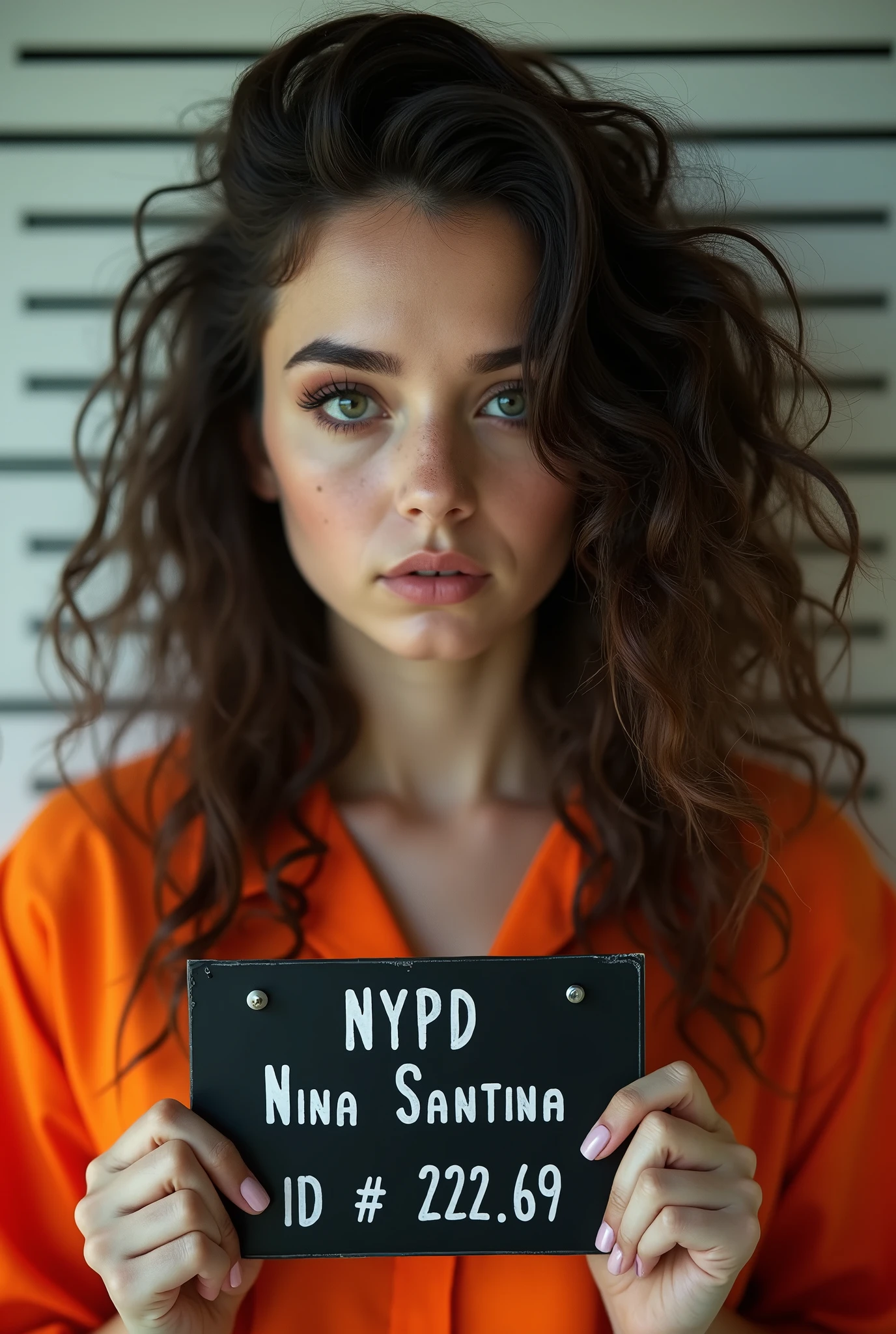 Stable Diffusion Prompt: Arafed woman in orange holds NYPD sign for ...