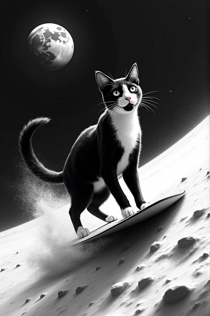 Stable Diffusion Prompt: Black and white goatee cat surfing moon scene ...