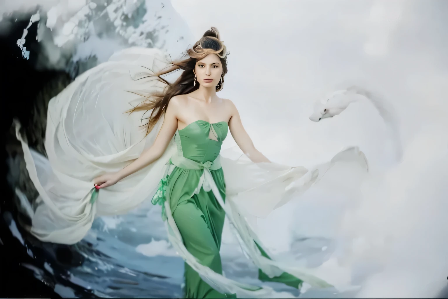 Stable Diffusion Prompt: Arafed woman in green dress standing in water ...