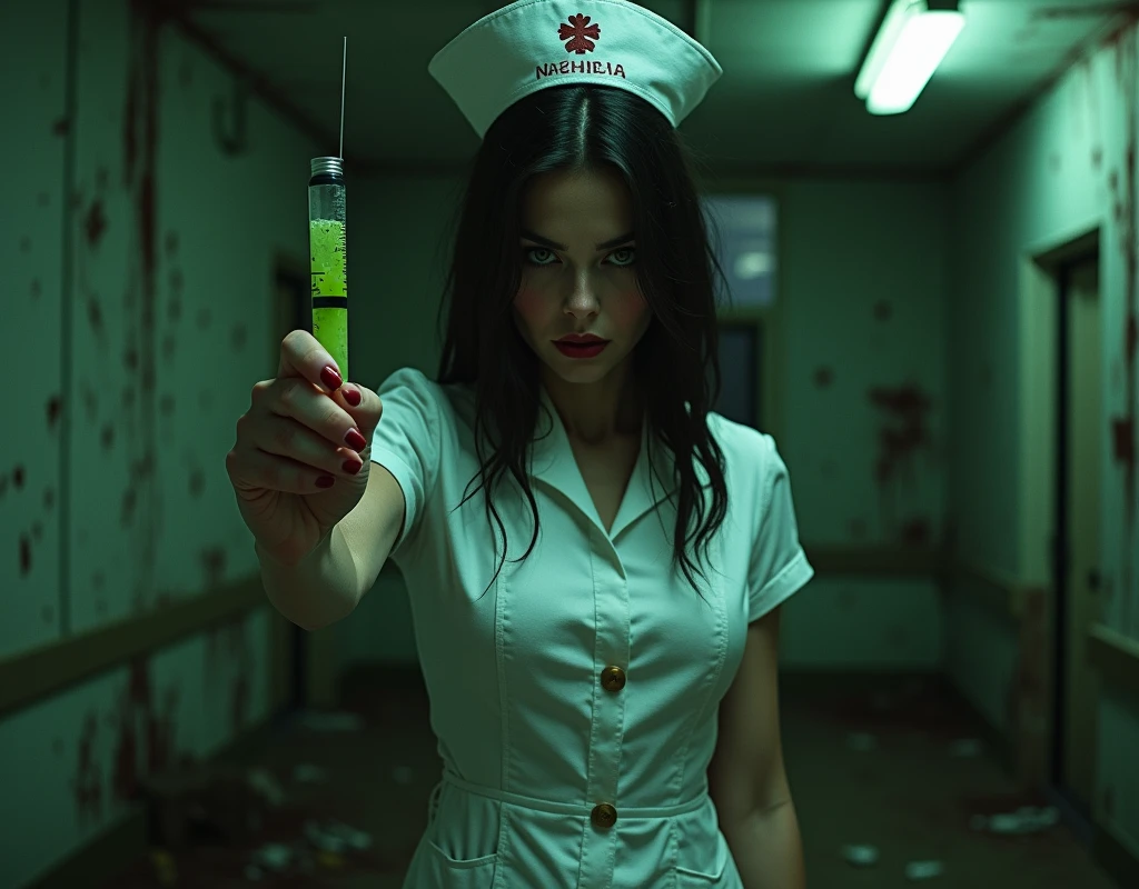 Stable Diffusion Prompt: Menacing woman in worn nurse outfit with an ...
