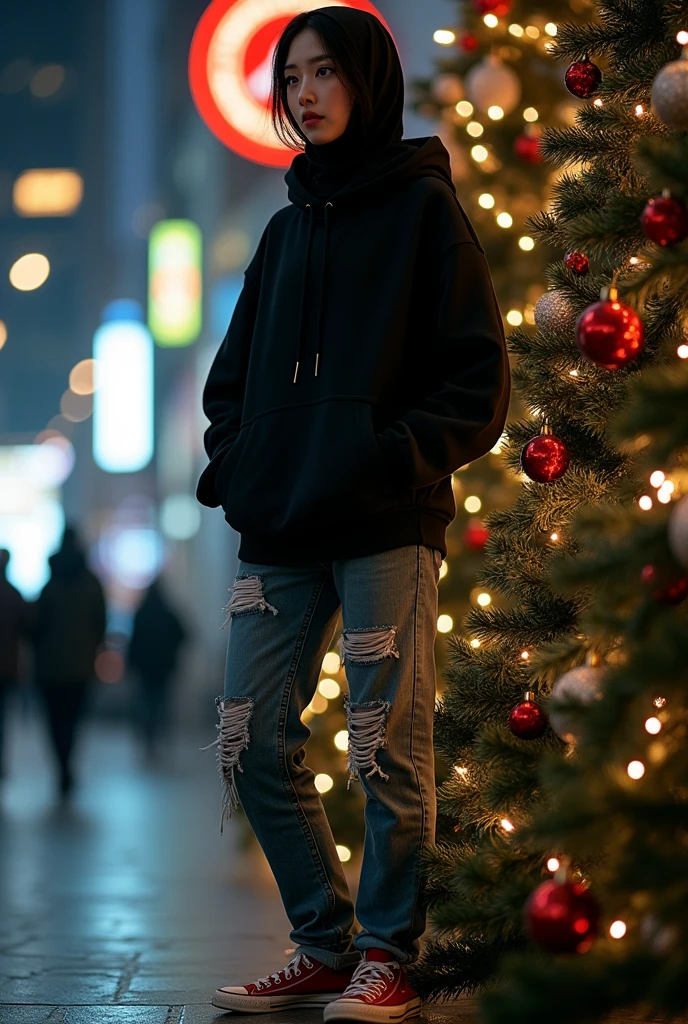 Stable Diffusion Prompt: A young Korean woman stands, wearing a black ...
