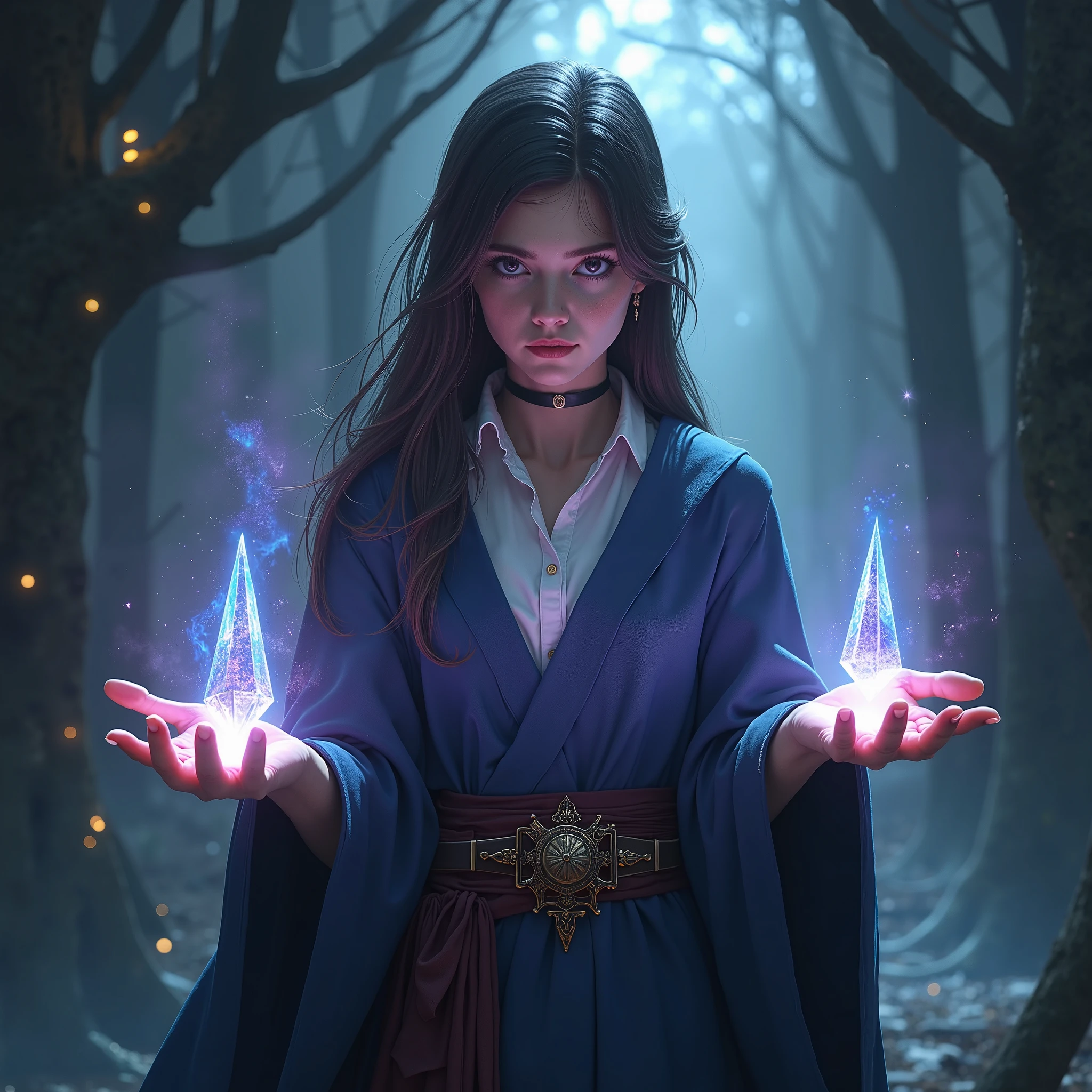 Stable Diffusion Prompt: Arafed woman in blue robe with glowing lights ...