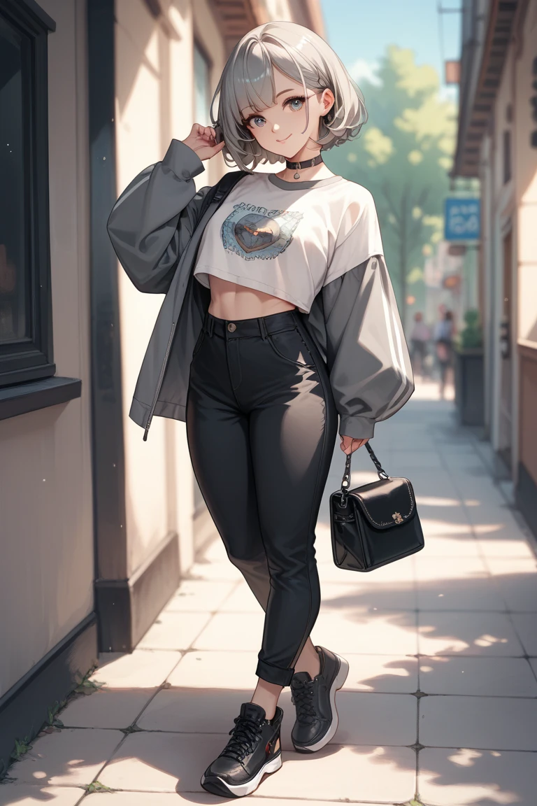 Stable Diffusion Prompt: Cute girl in gray cropped shirt with long dark ...