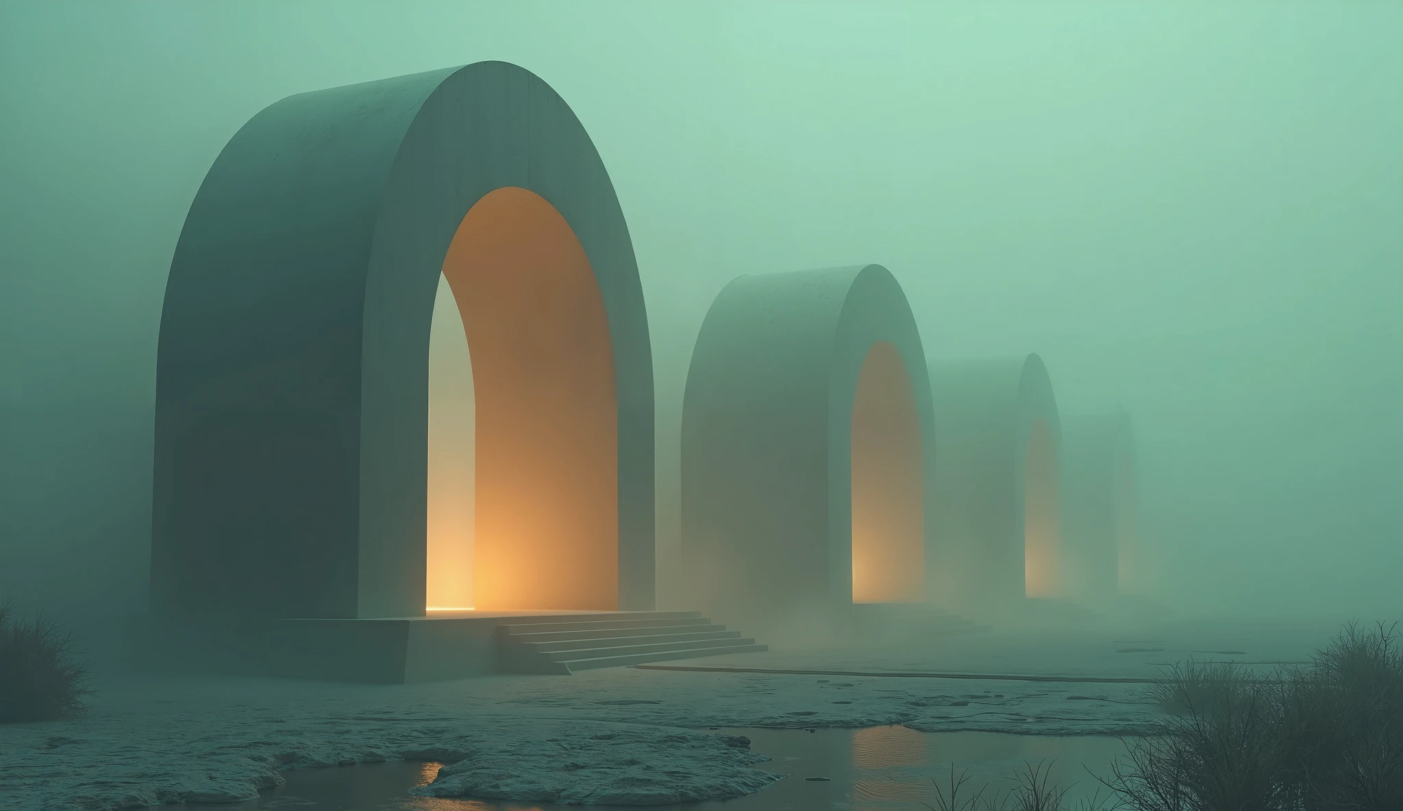 Stable Diffusion Prompt: Bright arches glowing in fog create stunning ...