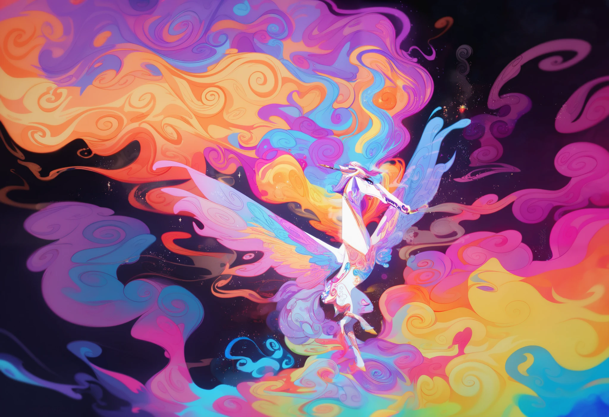 Stable Diffusion Prompt: Vibrant artwork of a woman soaring through the sky