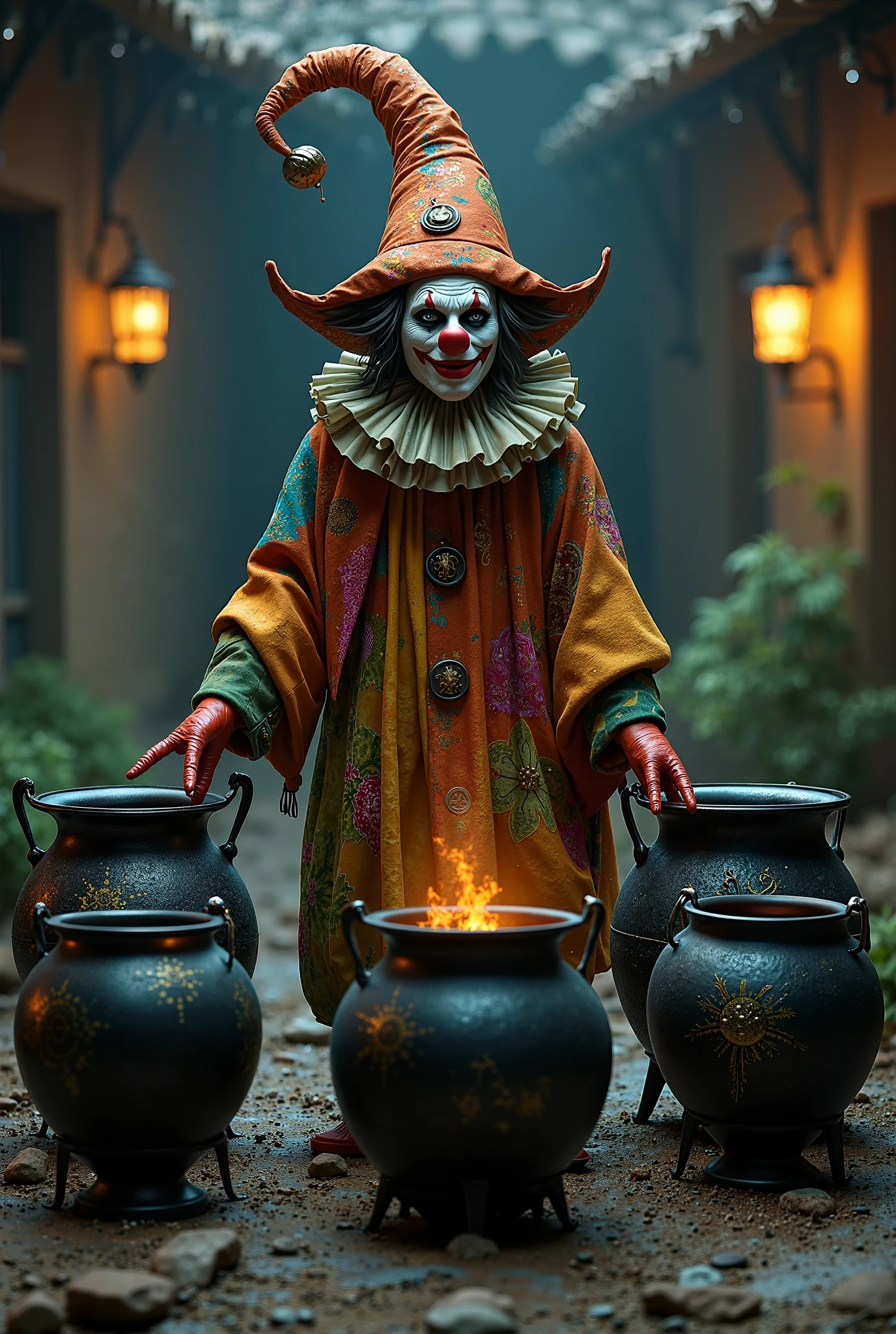 Stable Diffusion Prompt: Clown in a colorful outfit with a hat and a ...
