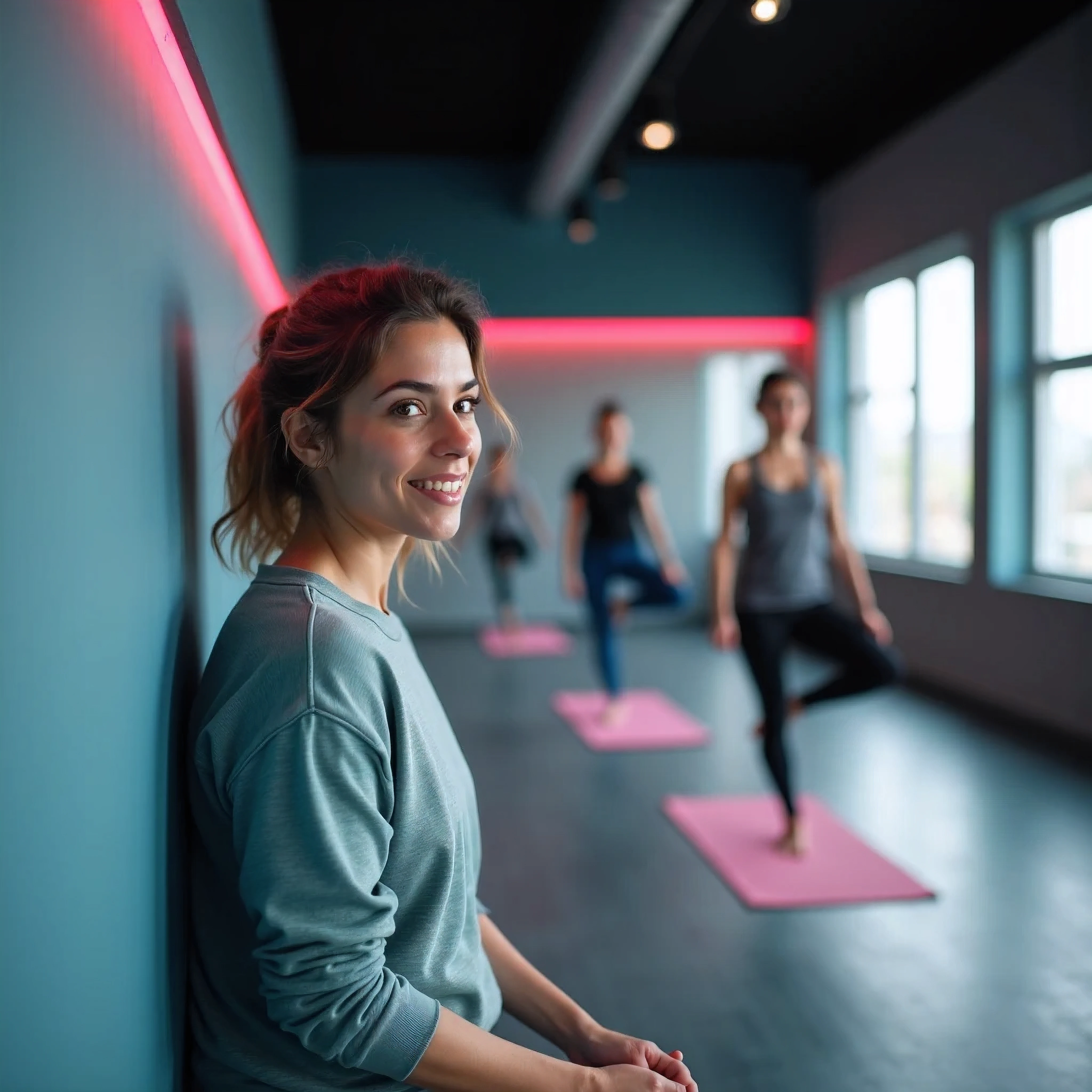 Stable Diffusion Prompt: Woman in a yoga class smiling and standing in ...