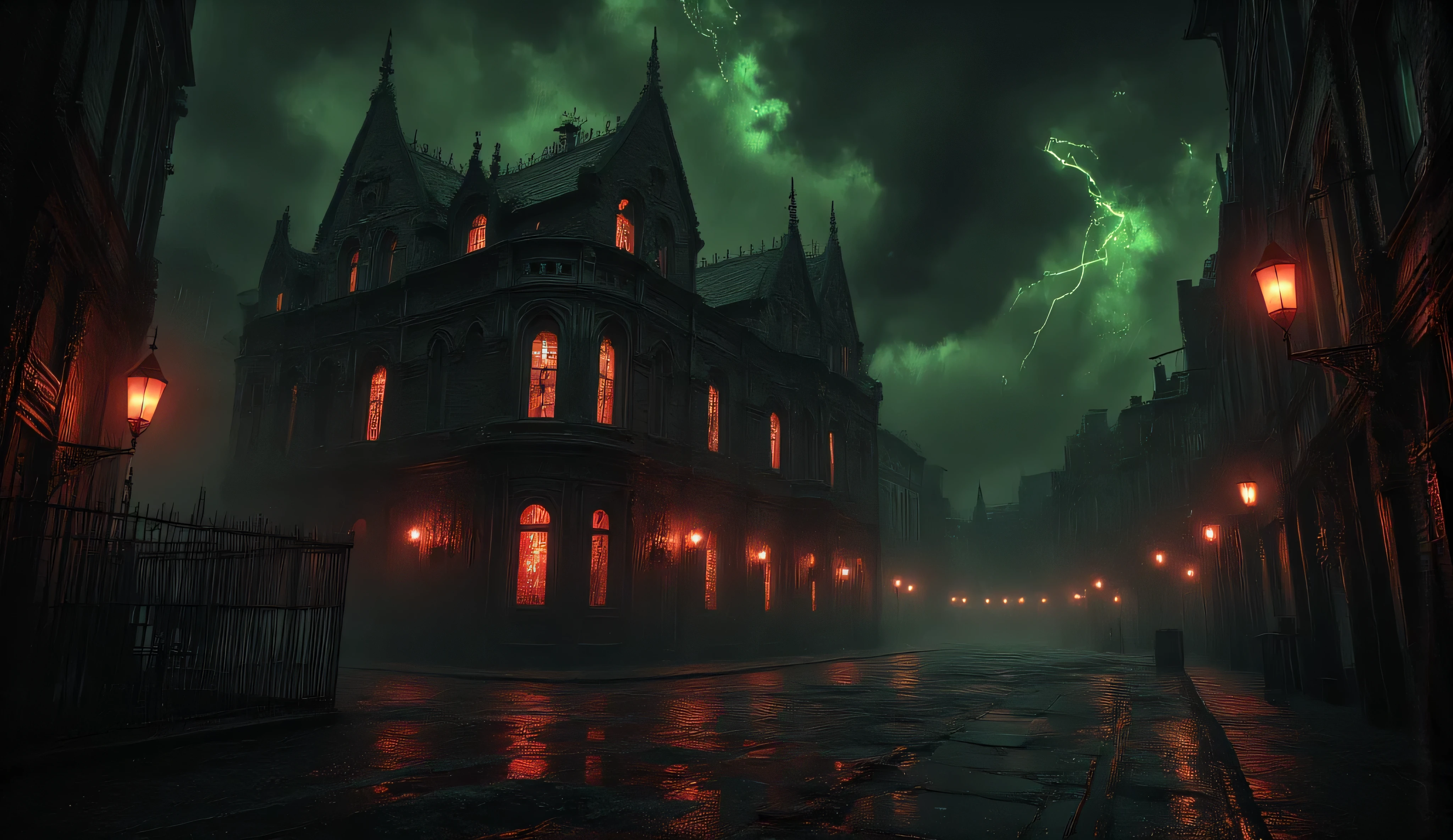 Stable Diffusion Prompt: Nighttime scene of a dark city street with a ...