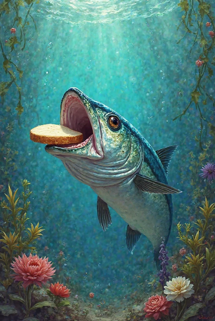 Stable Diffusion Prompt: A mackerel is eating a piece of bread