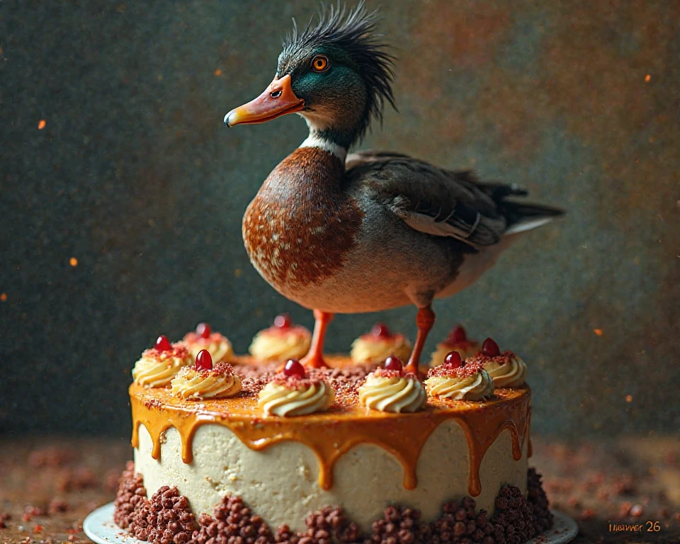 Stable Diffusion Prompt: Cinematic angry duck on birthday cake for fun ...