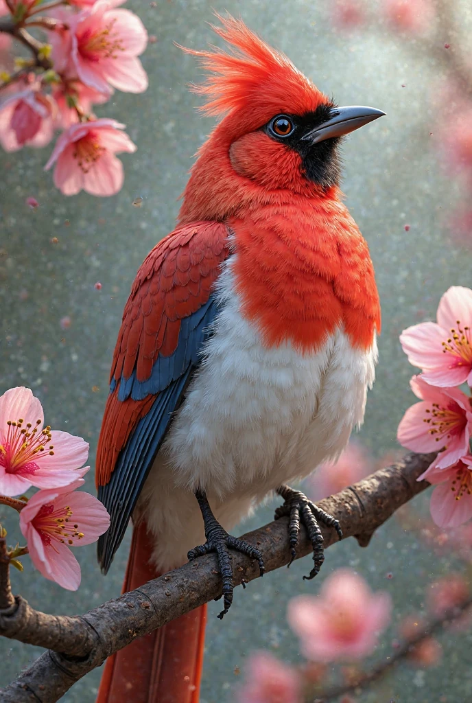 Stable Diffusion Prompt: Red and white bird on pink blossom branch ...