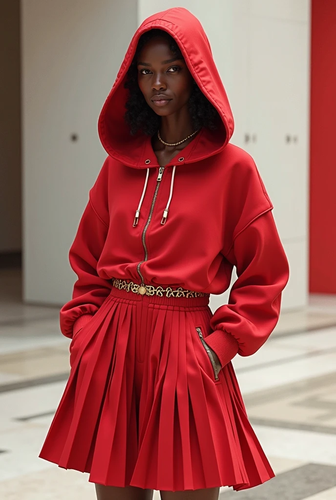 Stable Diffusion Prompt: Red hoodie dress with pleated skirt, black ...