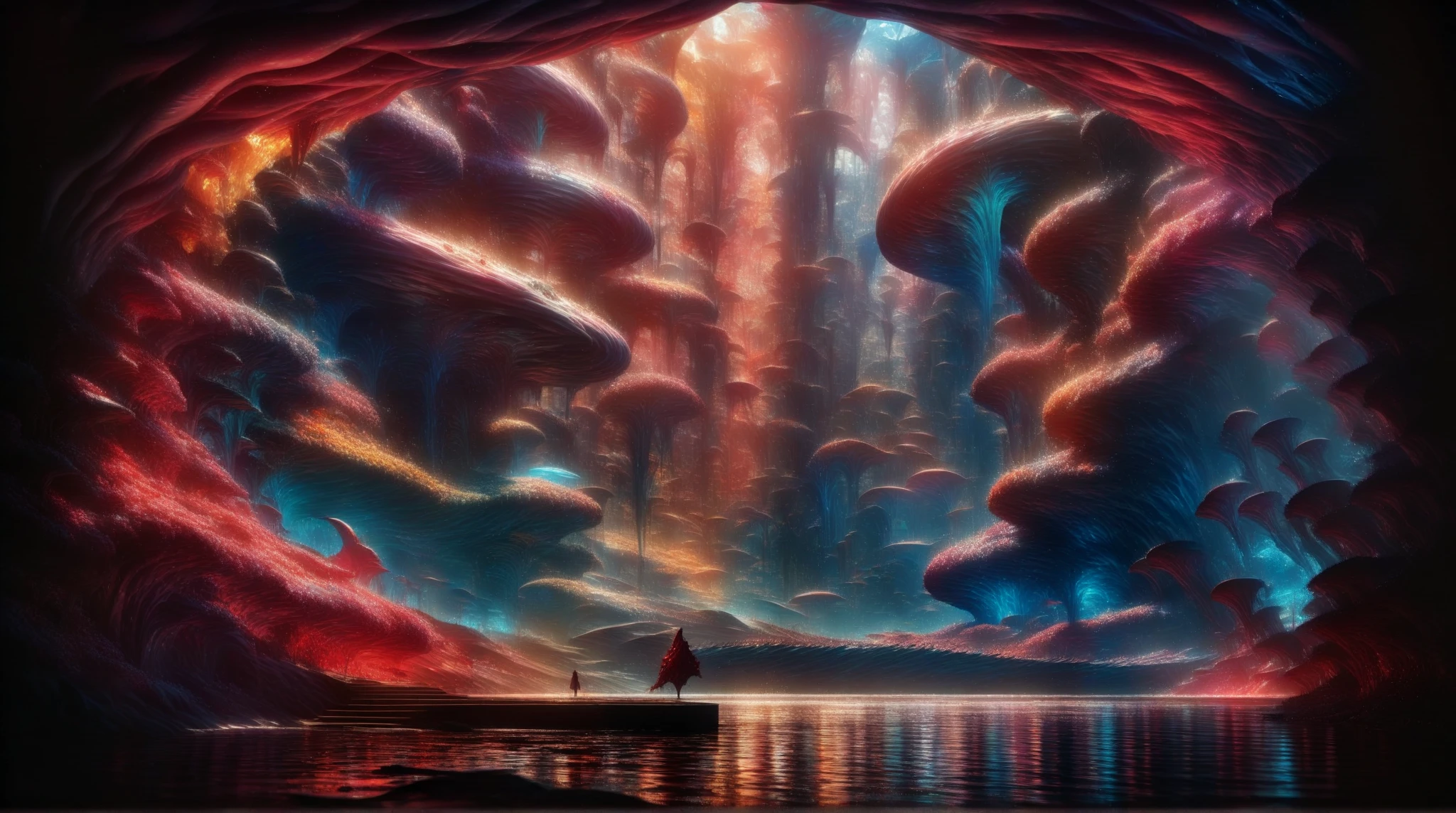 Stable Diffusion Prompt: Vivid fantasy scene: Blood-red ocean, orange ...