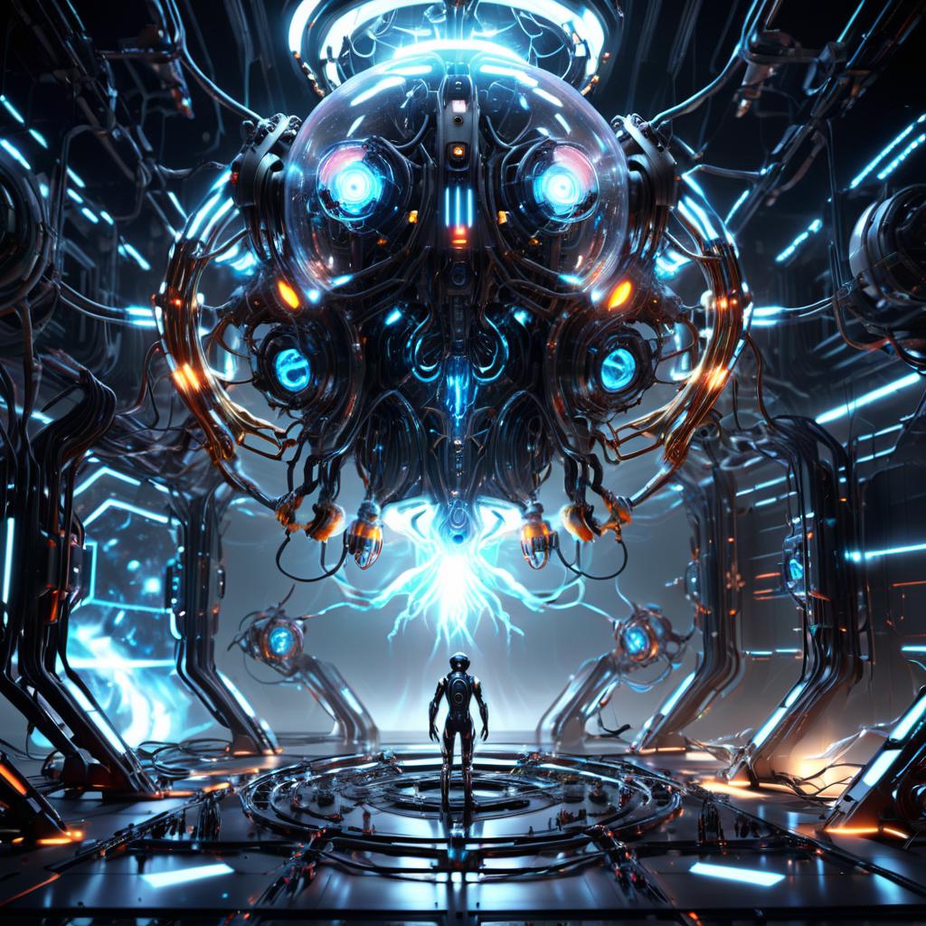 Stable Diffusion Prompt: Futuristic man stands before glowing, high ...