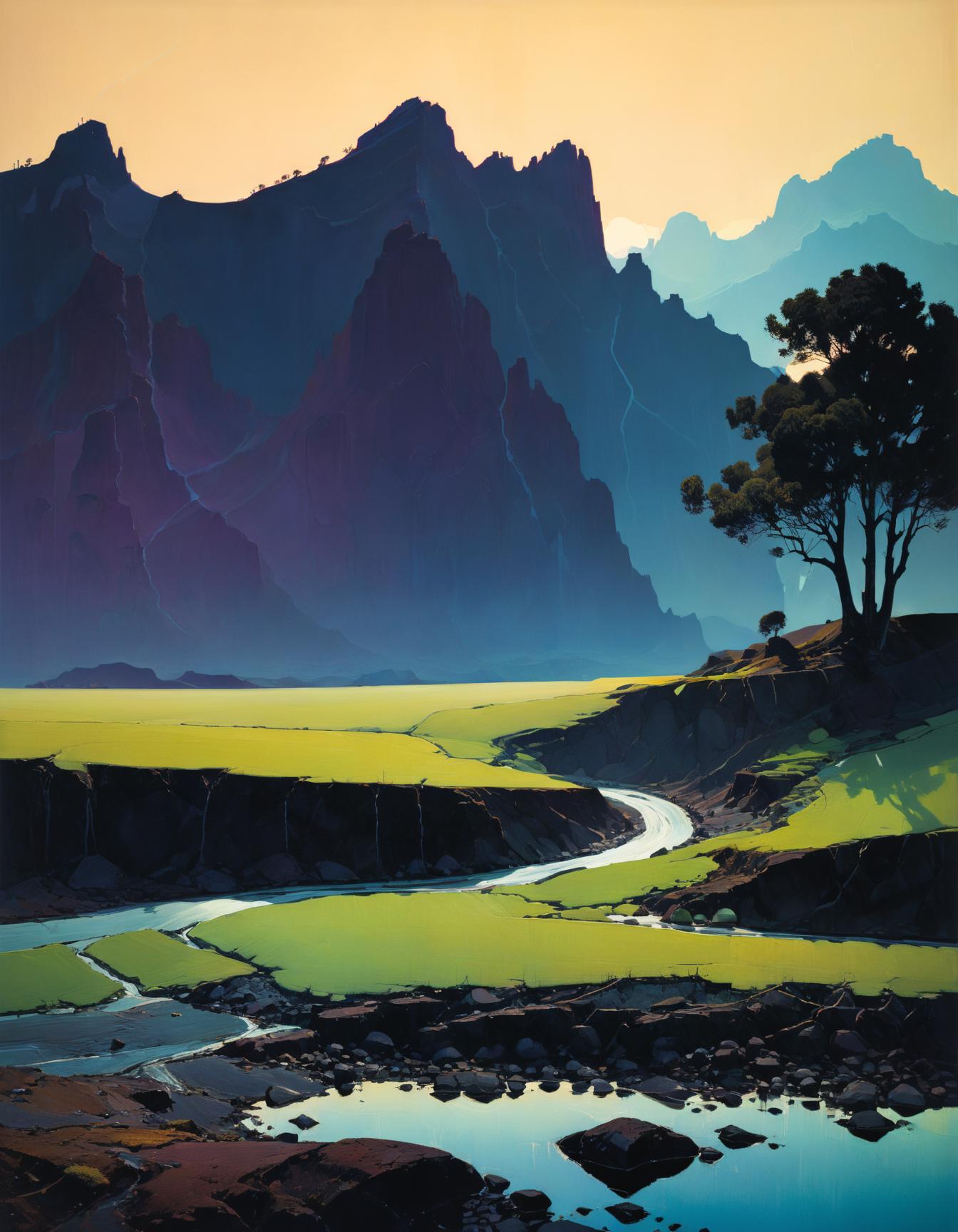 Stable Diffusion Prompt: Painting of a river running through a valley ...