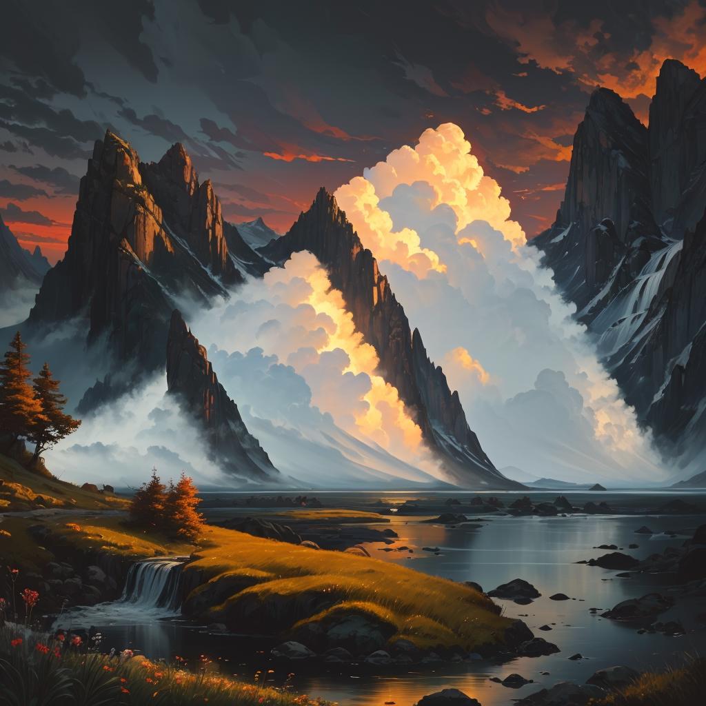 Stable Diffusion Prompt: Painting of a mountain landscape with a stream ...